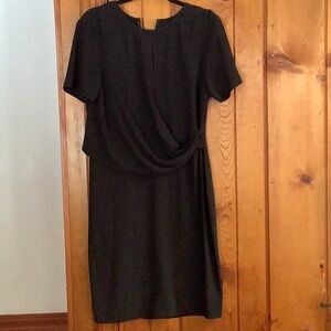 ST. JOHN Black Matte Stretch Knit Keyhole Ruched Drape Faux Wrap LBD Dress 6 🖤